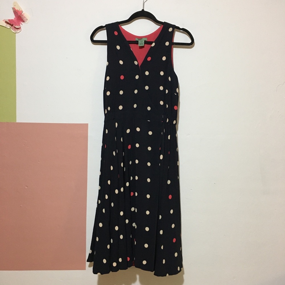 Anthropologie Black Polka Dot Midi Dress with Red Accents - Picture 2 of 16